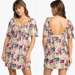 ROXY‎ Golden Dawn Smocked A-Line Mini Dress in Ash Rose Wallflower Size Large